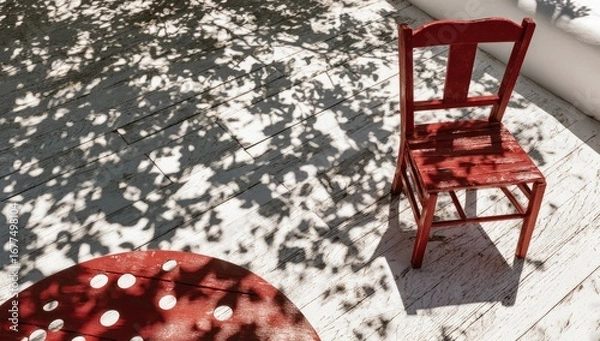 Obraz A weathered red chair and polka-dotted table sit on a sun-dappled white patio, shaded by a leafy tree