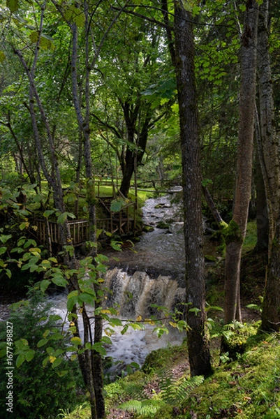 Obraz The image shows a small waterfall scene near the ruins of the Ieriķi Mill, where a stream flows through a lush green forest.