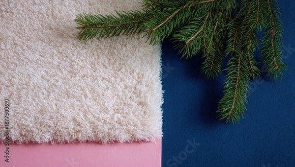 Obraz Off-white fluffy textile on pink, meets navy blue backdrop; evergreen sprig rests atop