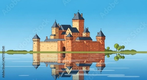 Fototapeta Majestic cartoon castle reflected in calm blue water under a clear sky with green trees on the shore