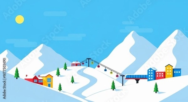 Fototapeta Vibrant flat design illustration of a ski resort with colorful buildings, ski lift, and snow-covered mountains under a clear blue sky.