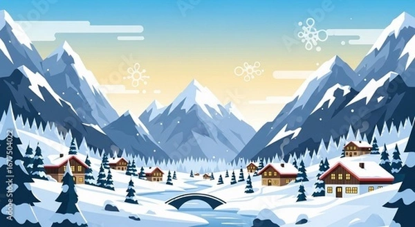 Fototapeta Cozy snow-covered mountain village with illuminated houses and evergreen trees under a clear winter sky.