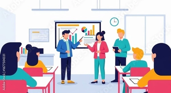 Fototapeta Diverse group of people attending a business presentation in a modern classroom or office with charts and graphs.