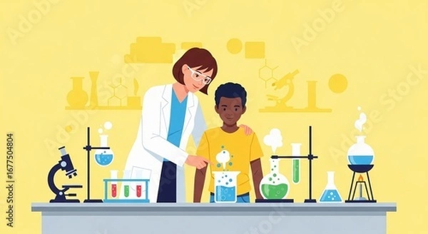 Fototapeta Curious boy learns science from a friendly female scientist in a colorful lab with experiments and microscopes.
