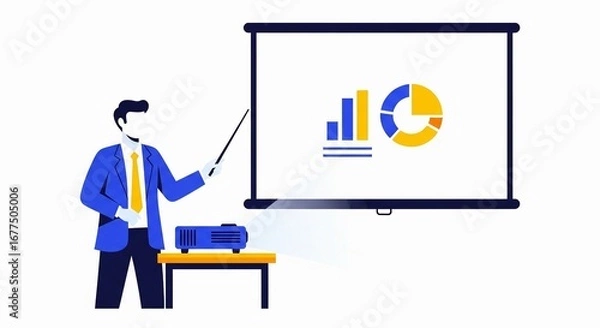 Fototapeta Business man in suit giving presentation with pointer to charts on screen, projector on table