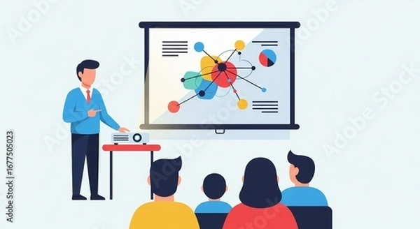 Fototapeta Man giving a presentation with a projector and screen displaying a colorful network graph to an audience.
