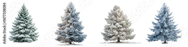 Fototapeta four different types of winter evergreen Christmas trees on transparent background
