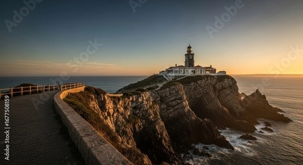 Fototapeta Coastal lighthouse at sunset. Dramatic cliffs meet the ocean, a paved walkway curves around the promontory