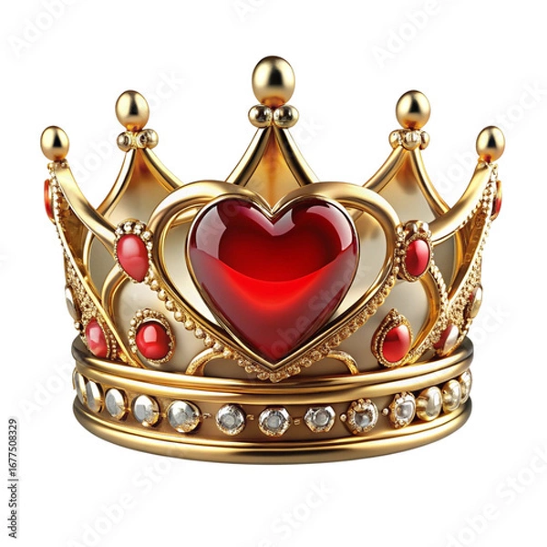 Fototapeta Golden crown with red heart and gems on black background