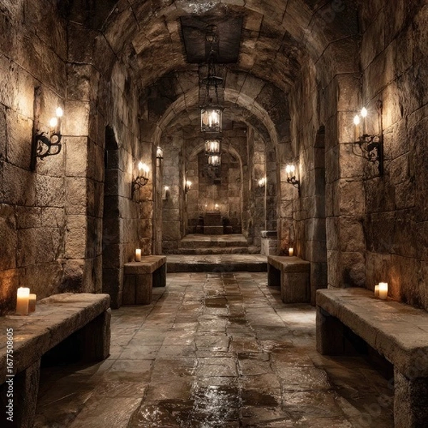 Obraz A dimly lit stone corridor with arched ceilings, candlelit wall sconces, and a stone throne at the far end, creates a medieval, mystical atmosphere