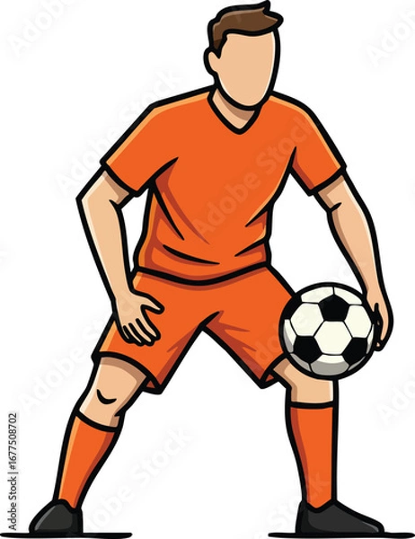 Fototapeta Soccer player controlling ball in orange sportswear vector illustration in active pose on white background 