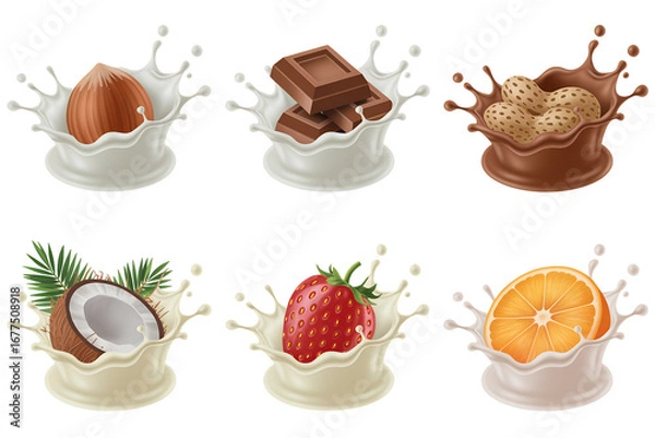 Fototapeta Delicious Food Items Splashing in Milk and Chocolate