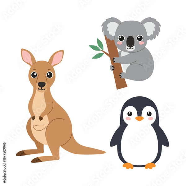 Fototapeta Adorable flat 2D vector illustration showcasing cute childish wildlife animals, including a cheerful kangaroo, a sleepy koala, and a playful penguin, isolated on a clean white background.