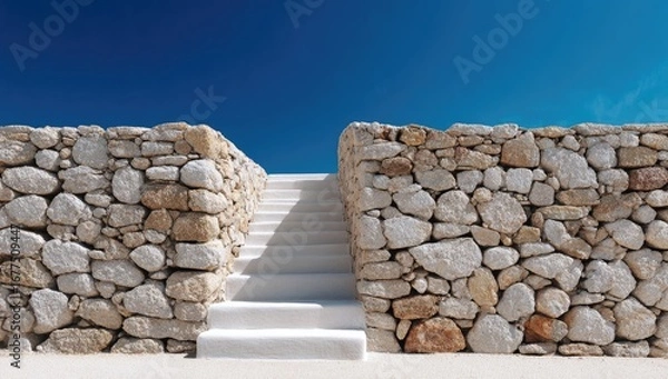 Obraz Whitewashed steps ascend between low, rustic stone walls against a vivid blue sky