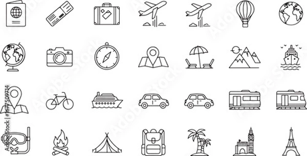Fototapeta A comprehensive vector collection of minimalist travel and tourism line icons for web and mobile design concepts