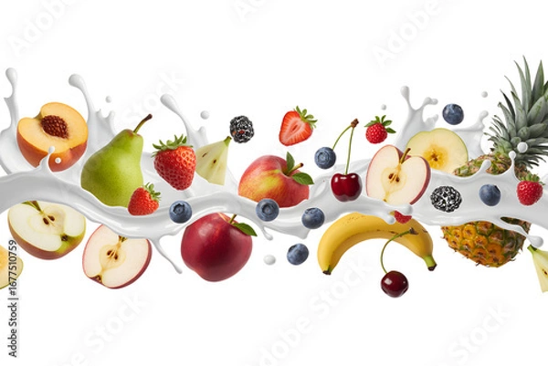 Fototapeta Assortment of Fresh Fruits Splashing in Creamy White Liquid