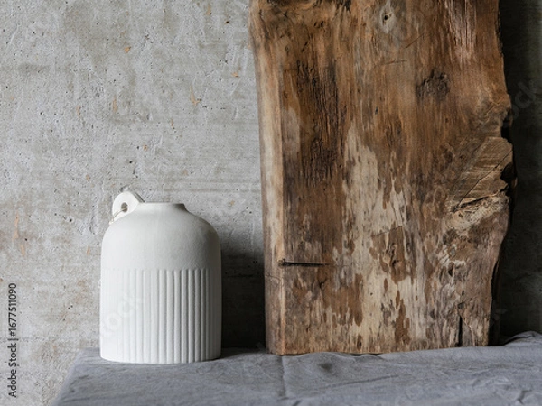 Fototapeta Minimalist still life with a white ceramic vase holding dry branches, placed against a rustic wooden board and textured concrete wall. Natural wabi-sabi style composition.