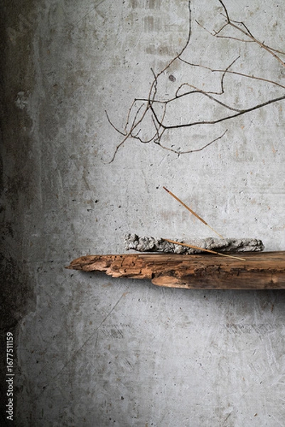 Fototapeta Burning incense stick on a rustic holder with ash, placed against a textured concrete wall with dry branches and old wood. Minimalist still life in wabi-sabi style.