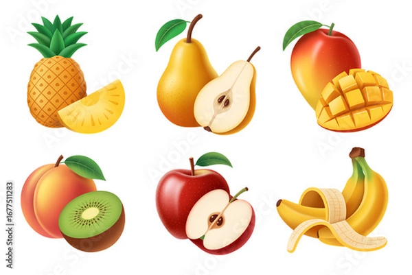 Fototapeta Assortment of Fresh and Vibrant Fruits: Pineapple, Pear, Apple, Mango, Kiwi, Peach, Banana