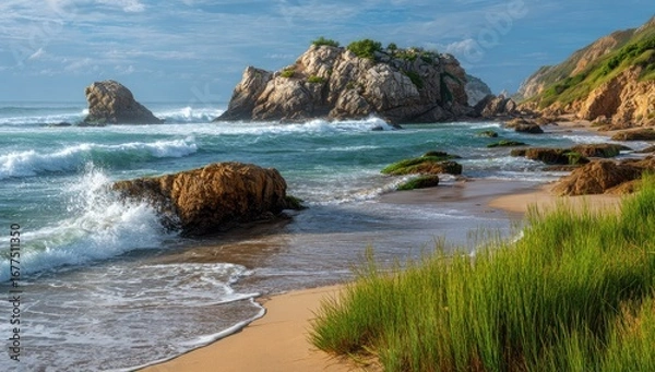 Obraz Sunlit coastal scene with crashing waves, rocky outcrops, sandy beach, and verdant grasses at the shore