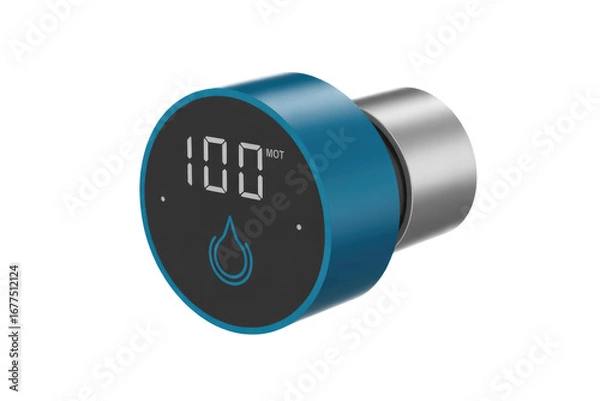 Obraz Digital water meter with a teal blue casing displaying 100 units. background removed