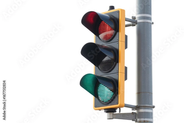 Obraz A transparent PNG image of a traffic light showing a red and green light. background removed