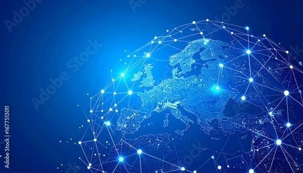 Fototapeta A global network map of Europe, showcasing intricate connections and a deep blue backdrop.