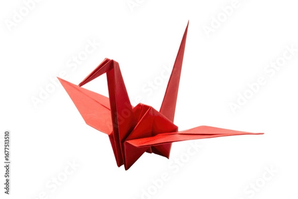 Obraz A vibrant red origami crane, meticulously folded, isolated against a stark transparent background. background removed