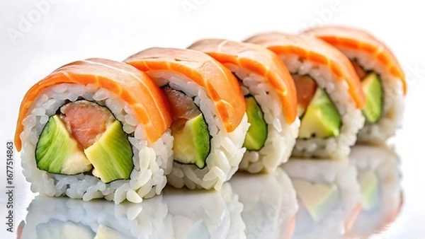 Fototapeta Artisan salmon and avocado sushi roll on a clean white backdrop