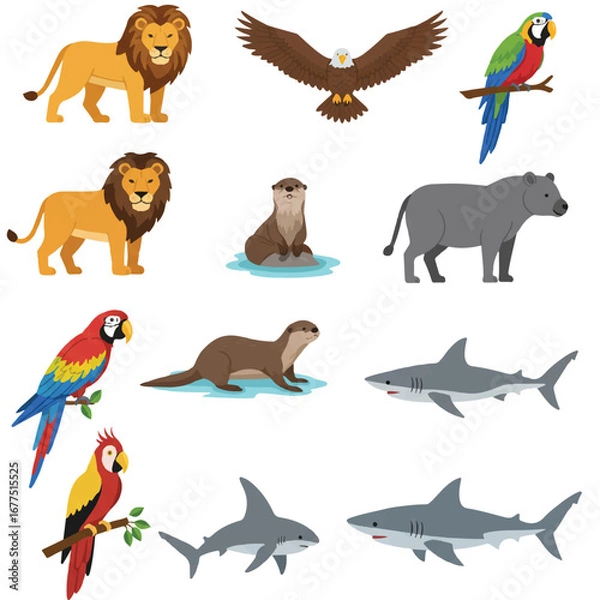 Fototapeta A charming collection of diverse 2D flat vector world animals, including mammals, birds, and sea creatures, isolated against a clean white background, perfect for educational content.
