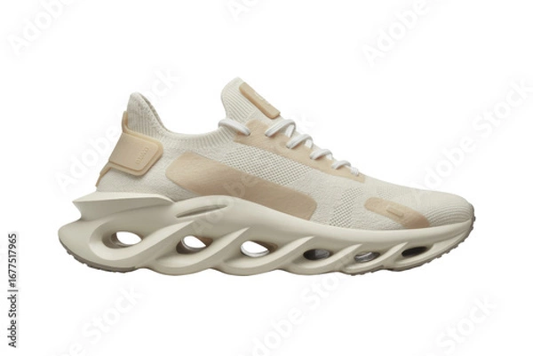 Obraz Cream-colored knitted sneakers with a unique, wave-like sole design. background removed