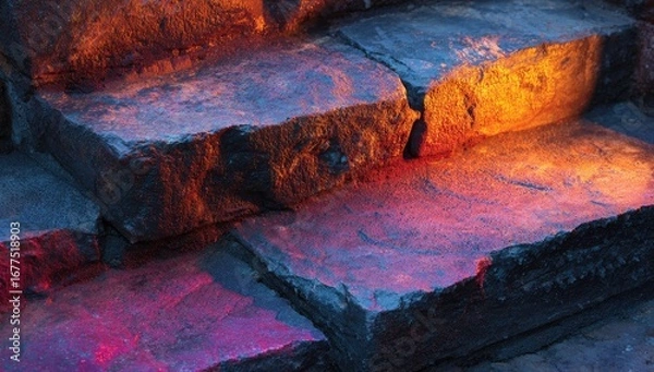 Fototapeta Illuminated stone steps, textured surface, vibrant hues of orange, pink, and purple light cast dramatic shadows, creating a visually striking contrast of color and depth