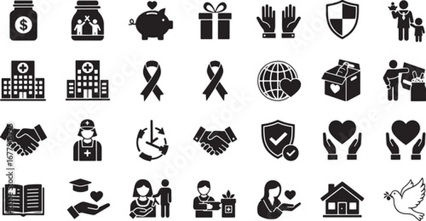 Fototapeta Illustrations of charitable causes, donations, and support, encompassing a wide range of icons symbolizing aid and community involvement