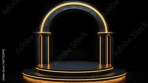 Obraz A dark, dramatic archway podium, illuminated by glowing, golden neon lines, creates a sophisticated and elegant display space.