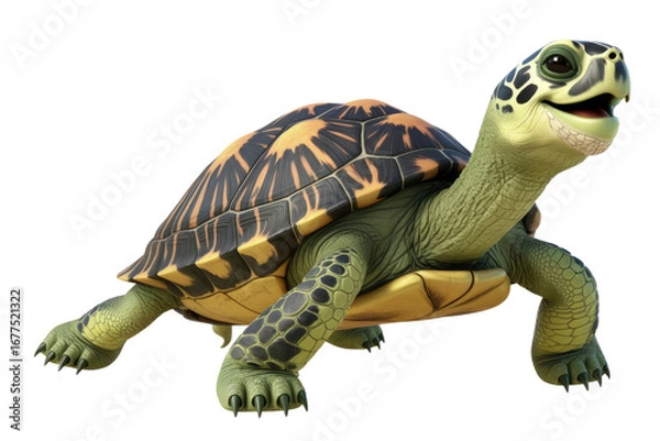 Obraz A cheerful cartoon turtle with a yellow and black shell, isolated on a transparent background. background removed
