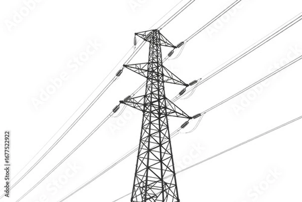 Obraz Wireframe illustration of a tall electricity pylon with multiple power lines against a transparent background. background removed