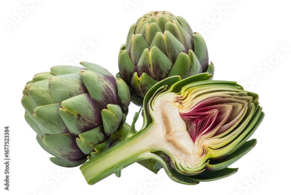 Obraz Close-up of three artichokes, one cut open, showcasing its vibrant interior against a transparent background. background removed