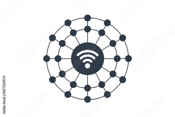 Obraz Network connection illustration showing a central WiFi signal surrounded by interconnected nodes. background removed