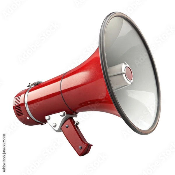 Obraz Bright red megaphone with silver bell isolated on transparent background