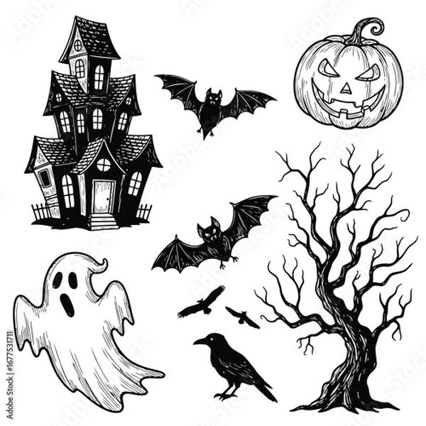 Fototapeta A collection of hand-drawn, spooky Halloween icons featuring a haunted house, ghost, bats, pumpkin, and a bare tree.