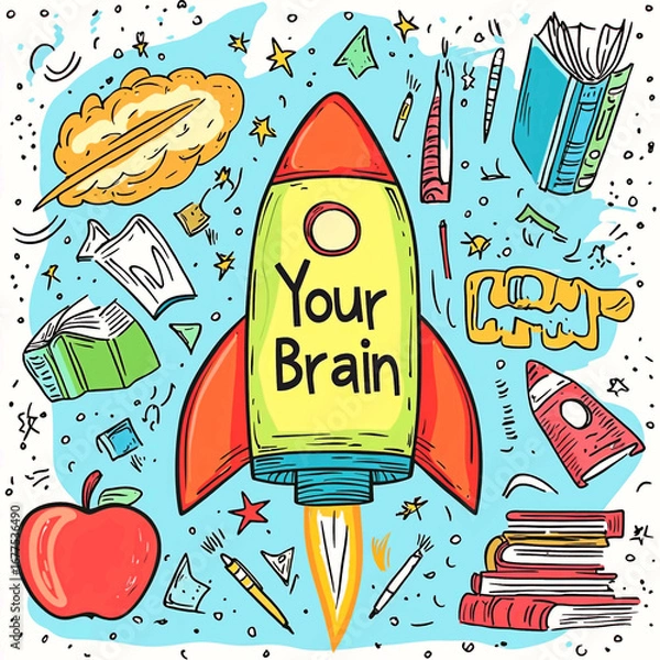 Fototapeta AI Generated - Rocket with the words "Your Brain" written on it, surrounded by books, an apple, a pencil, and other objects. Commercial illustration artwork for business applications. High-resolution.