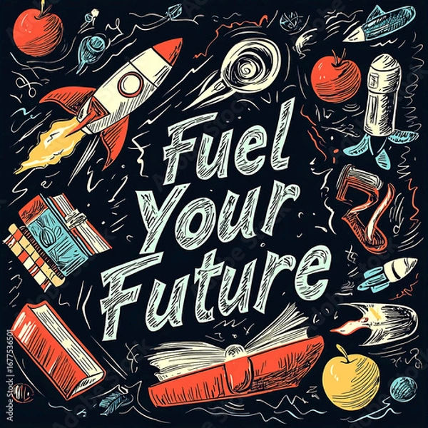 Fototapeta AI Generated - Poster with the words "fuel your future" written in bold, white lettering against a bright blue background. Commercial illustration artwork for business applications. High-resolution.