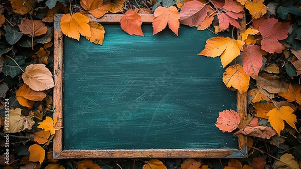 Fototapeta AI Generated - Green chalkboard surrounded by autumn leaves. Commercial illustration artwork for business applications. High-resolution. Premium quality. Professional grade. Detailed composition.