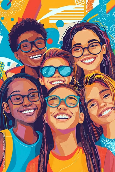 Fototapeta AI Generated - Group of young people wearing glasses and smiling at the camera. Commercial illustration artwork for business applications. High-resolution. Premium quality. Professional grade.