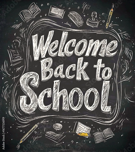 Fototapeta AI Generated - Blackboard with the words "Welcome Back to School" written in white chalk. Commercial illustration artwork for business applications. High-resolution. Premium quality. Professional.