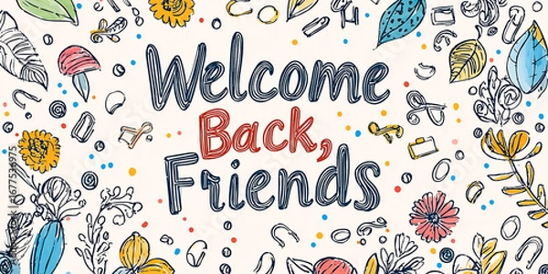 Fototapeta AI Generated - White background with the words "Welcome Back Friends" written in the center, surrounded by colorful doodles of flowers and leaves. Commercial illustration artwork for business.