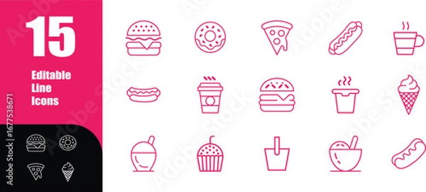 Fototapeta Fast Food Editable Line Icons Pack