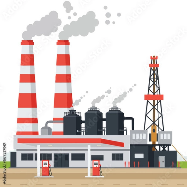 Obraz Industrial factory with red and white chimneys releasing smoke and fuel pumps in flat vector style illustration 