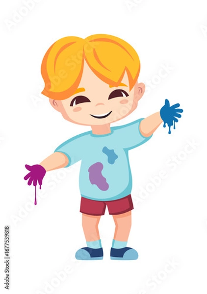 Fototapeta happy kid drawing. artistic painting hobby, cute funny boy with colorful aquarelle paint tube. vector cartoon character.