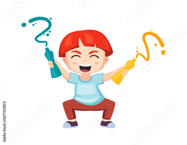 Fototapeta happy kid drawing. cute funny boy with colorful aquarelle paint tube, artistic painting hobby. vector cartoon character.